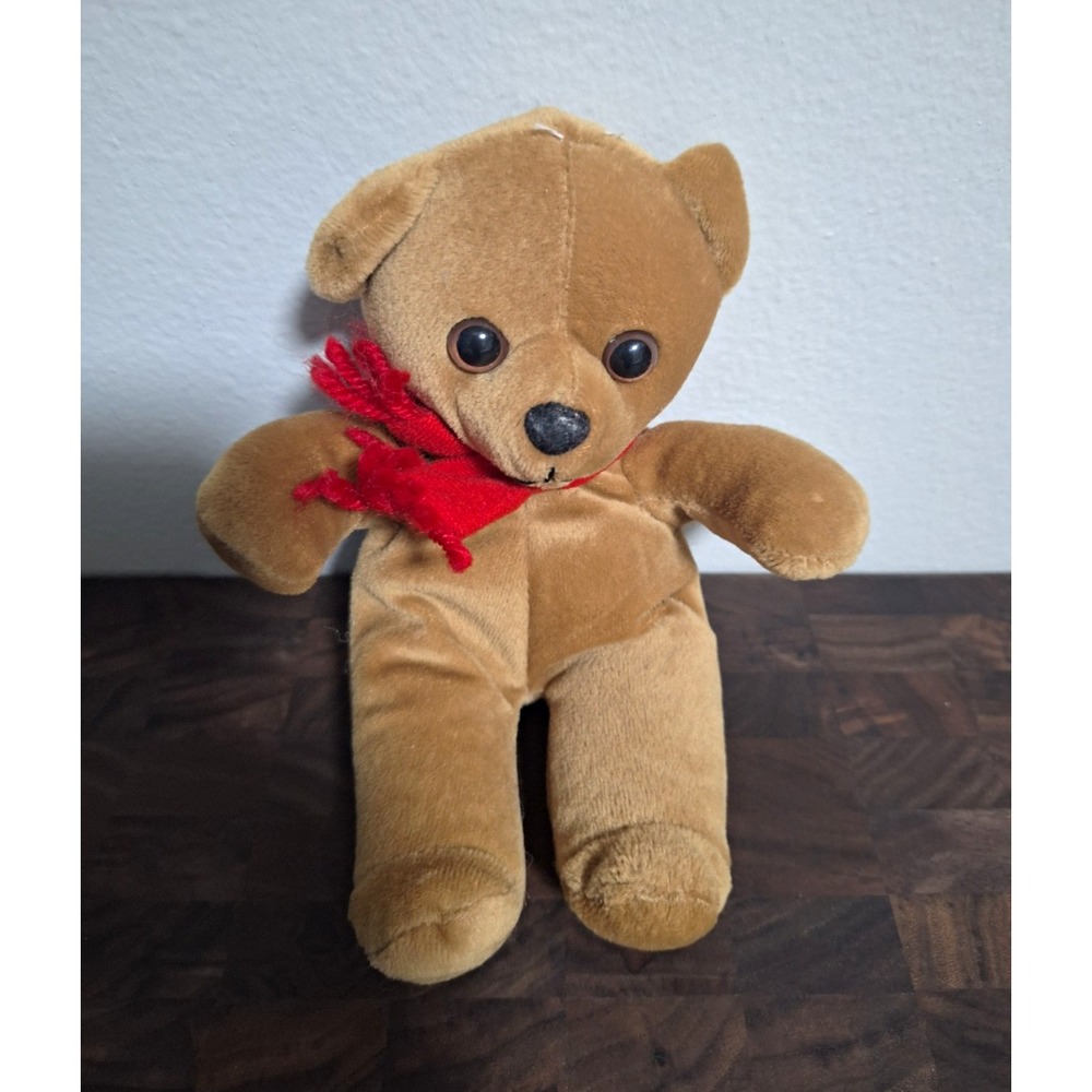 Brown Plush Teddy Bear Black Eyes Red Scarf Included Animals Theme